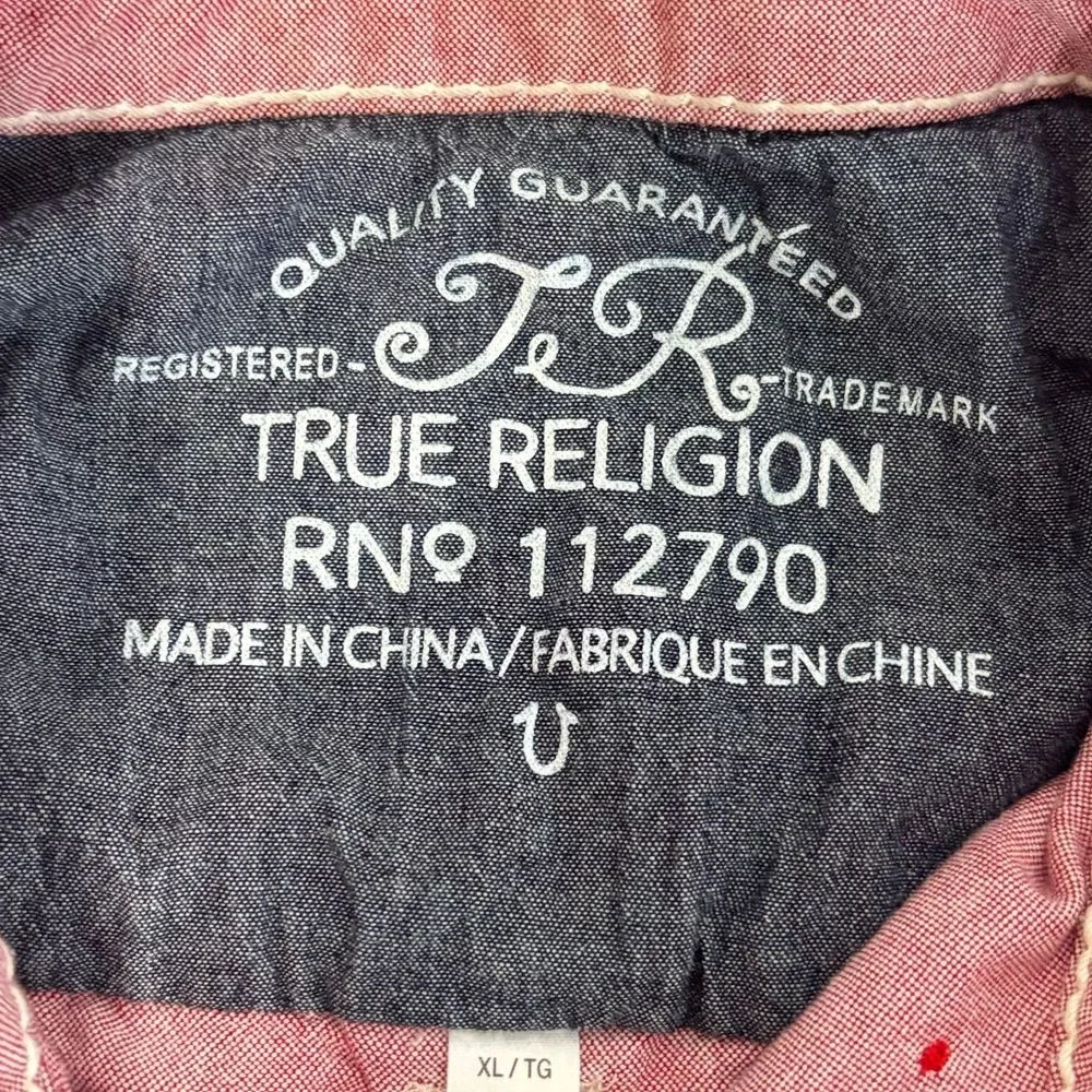 True Religion Shirt XL Mens Button Down Red Cotton‎ Utility Y2K Western Rodeo